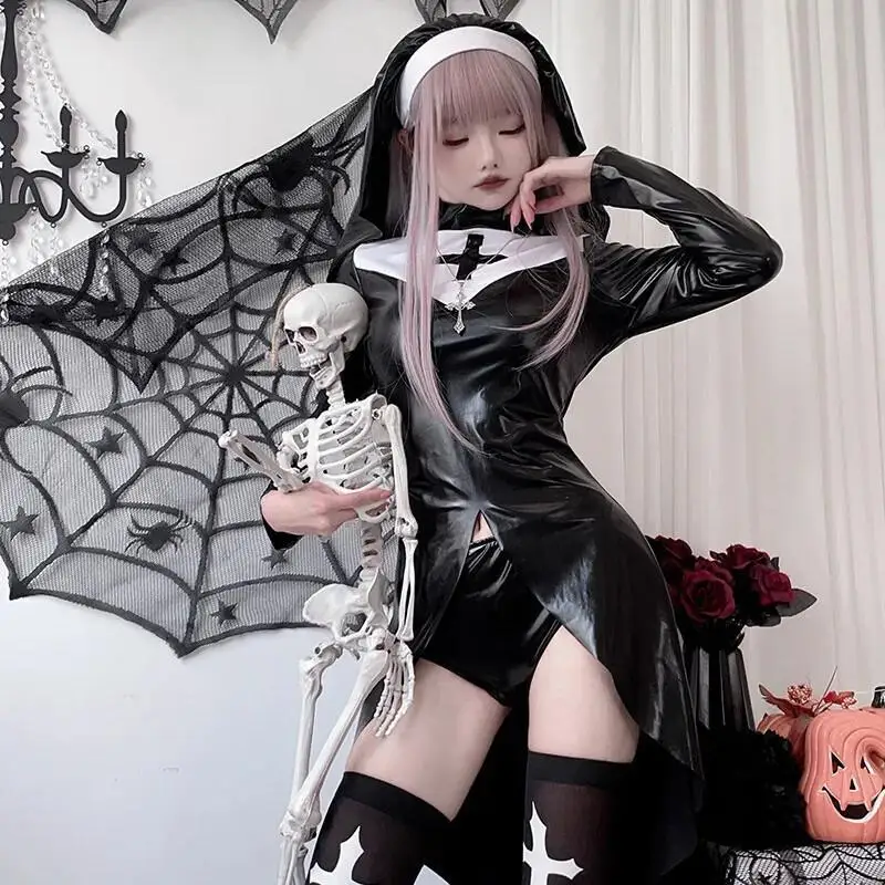 Anime Cosplay Nun - Nun Cosplay Costume Black PU Leather